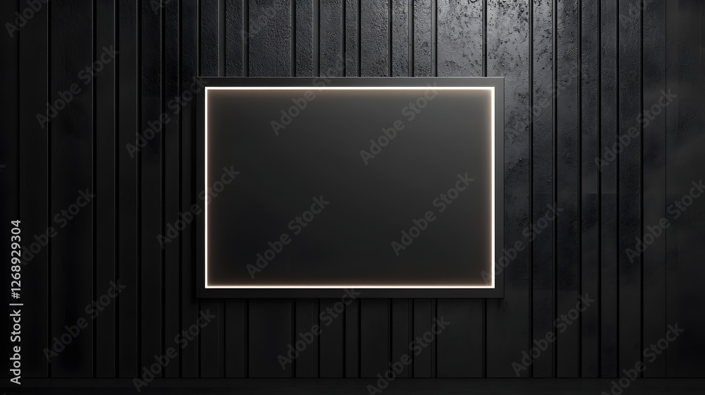 Aufkleber dark minimalist interior with an empty wooden frame hanging on a black wooden wall sleek sophisticat