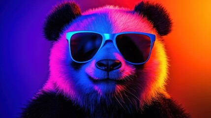 Panda in stylish sunglasses with neon lights background