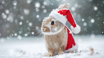 Fototapeta premium Adorable bunny in a santa claus costume on a snowy day
