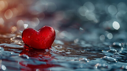A red heart on a glittering layer of water