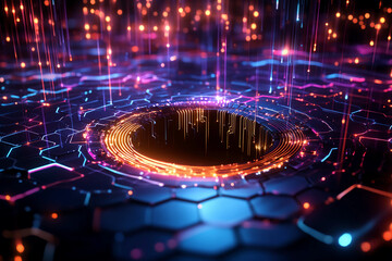 Futuristic hexagonal grid with central eclipse shadow, neon energy streaks, cosmic digital technology background, sci-fi cyber network, glowing abstract pattern