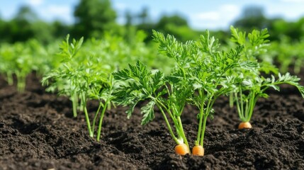 A lush vegetable garden with ripe red tomatoes hanging on green vines under the warm sunlight.