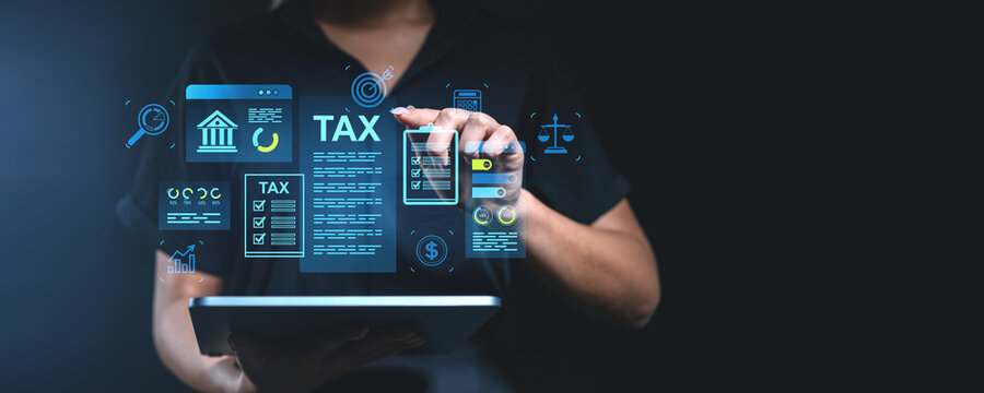 Holographic tax and financial management interface on a tablet screen. - Powered by Adobe