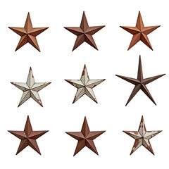 Obraz premium Collection of nine vintage-style metal stars, showing varying shades of brown and distressed white paint isolated on transparent background.