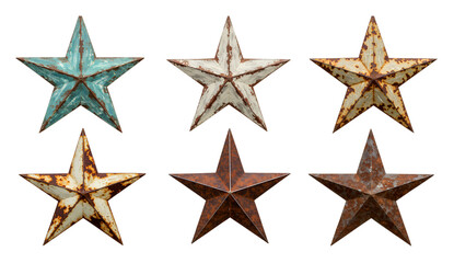 Obraz premium Six rustic metal stars, showcasing a beautiful patina of rust and teal-green, are presented on a transparent background.