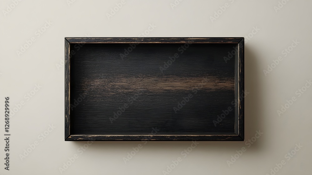 Poster dark wooden frame hanging on minimalist wall empty space for copy art display or showcase rustic vin