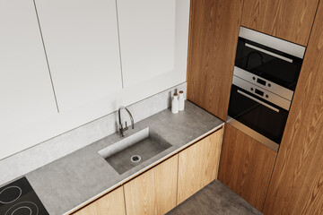 Modern kitchen interior with wooden cabinets and concrete countertop. 3D Rendering