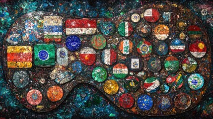 Recycled flags, gamepad shape, urban art, global diversity