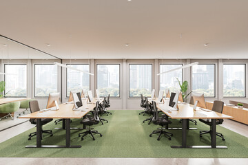 Modern open-plan office interior with large desks, ergonomic chairs, and computers. Bright space with green carpet and panoramic city view windows. 3D Rendering