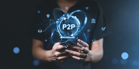 P2P payment technology hologram over smartphone in hands.