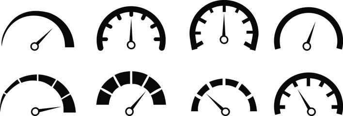Speedometer, tachometer icon set. Speed indicator sign. Internet car speed. Performance concepts. Speedometer . Fast speed sign. Flat simple icons, gauges from low to high. Minimum to Maximum.