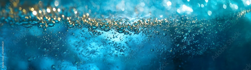 Poster Dazzling Underwater Shimmer   Captivating Blue Glittering Liquid Textures and Reflections  Mesmerizing abstract background with iridescent sparkling waves droplets and shimmering motion
