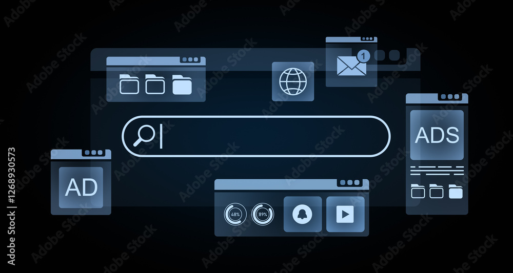 Poster search engine interface with icons on dark background. 3d rendering