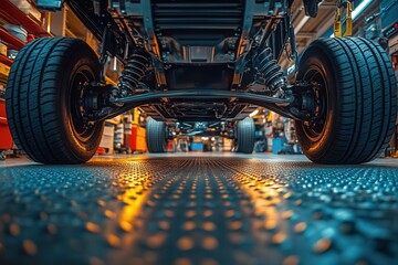 Automobile wheels and suspension in garage workshop.