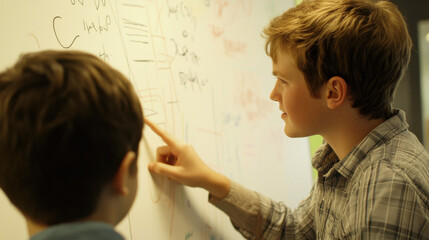 Two Young Boys Engaged in Creative Brainstorming Session Pointing at Whiteboard Filled with Drawings and Diagrams for Collaborative Learning and Problem-Solving