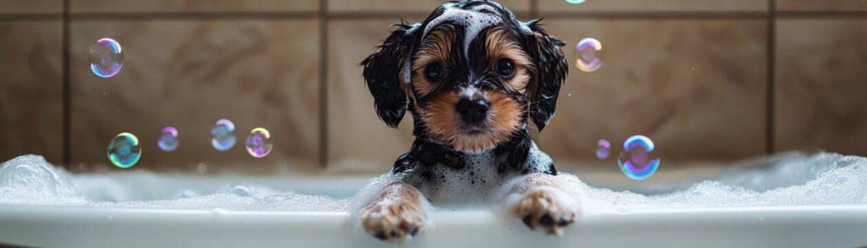 A playful dog enjoys a bubbly bath, surrounded by colorful soap bubbles in a cozy bathroom setting.
