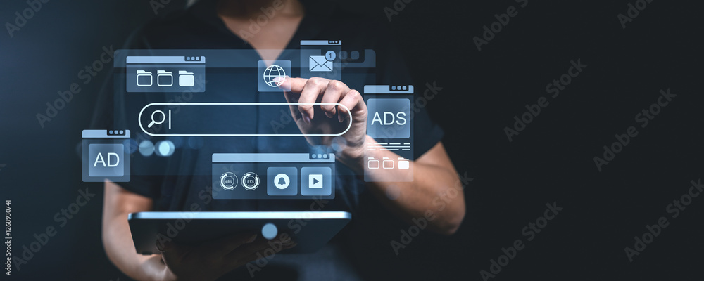 Poster digital search interface concept with transparent elements being manipulated on a tablet screen held