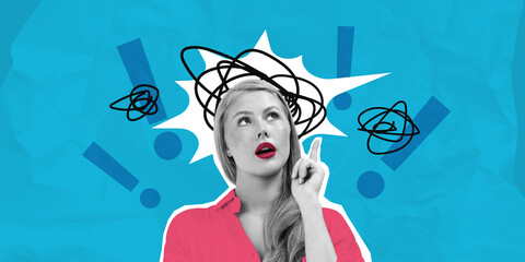 Woman in vibrant collage art with abstract thought cloud and exc