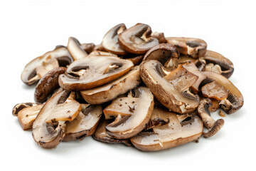 Pile of sliced roasted sliced champignons isolated on white background