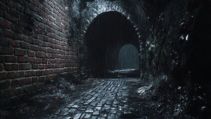 Rainy Brick Tunnel Path, Dark Forest Background