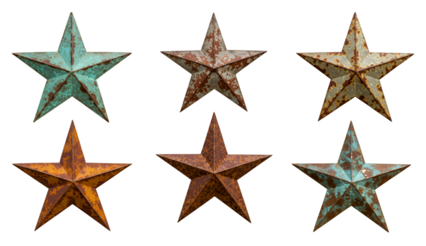 Six rustic metal stars, showcasing a beautiful patina of rust and teal-green, are presented on a transparent background.