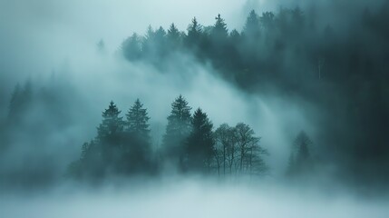 Foggy forest landscape with a mysterious atmosphere. The perfect backdrop for a horror movie or a suspense novel.