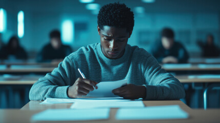 Focused young student taking a test in a classroom setting, surrounded by peers, highlighting academic pressure and concentration during an examination period.