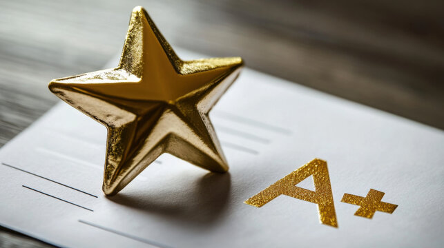 Golden star trophy placed atop an achievement certificate featuring an A+ grade symbolizing excellence, success, and academic accomplishments in education or personal growth. - Powered by Adobe