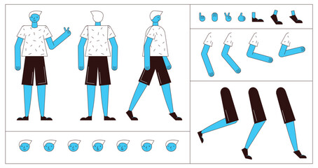 Flat style character constructor for animation. Front, Side, Back view. Separable body parts and different emotions. Simple colorful minimalistic design for advertisement, business, corporate identity