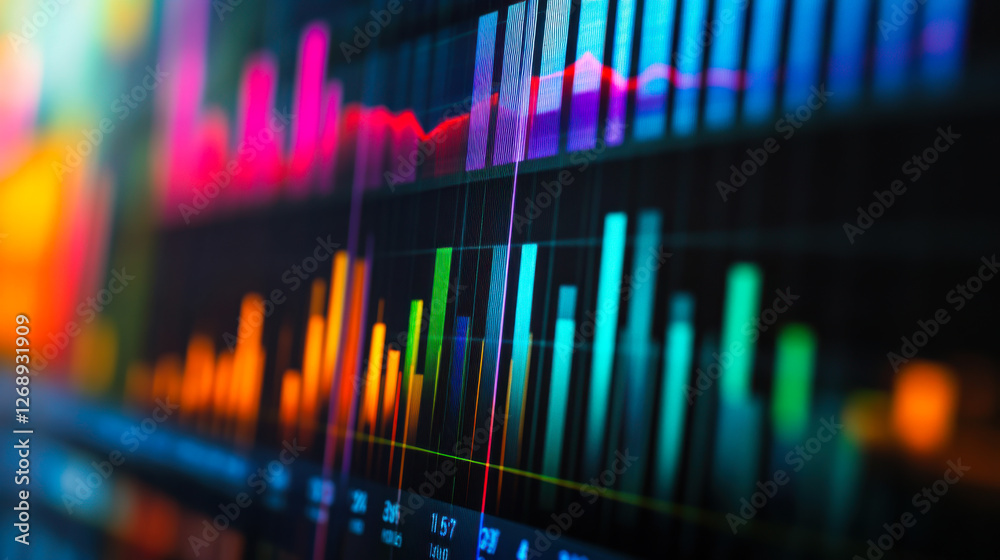 Poster colorful digital data visualization displaying analytics trends and statistics in a modern environme