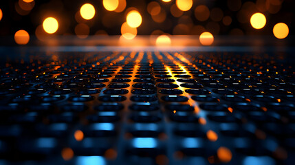 Obraz premium Abstract Metal Grid with Bokeh Lights in Orange and Blue Tones Background