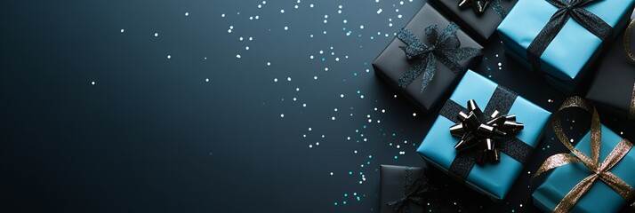 Elegant Teal and Black Gift Boxes with Glitter Festive Background Perfect for Holidays