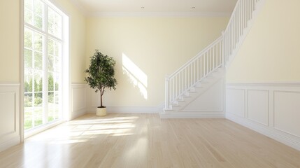 Sunny Entryway with Stairs, Plant, Hardwood Floor