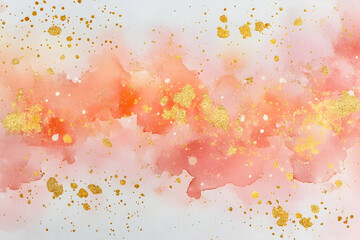 Obraz premium Peach watercolor background with gold glitter and white space for text. 