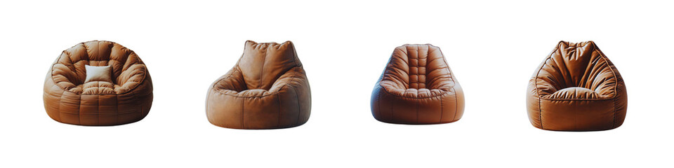 Set of Brown bean bag chair, isolated over on transparent white background