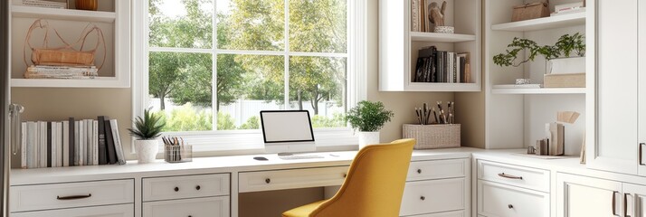 Bright Home Office With Built In Bookshelves And Window View