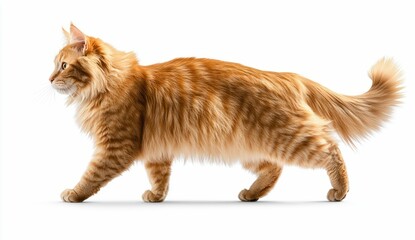 Fluffy Ginger Cat Walking on White Background