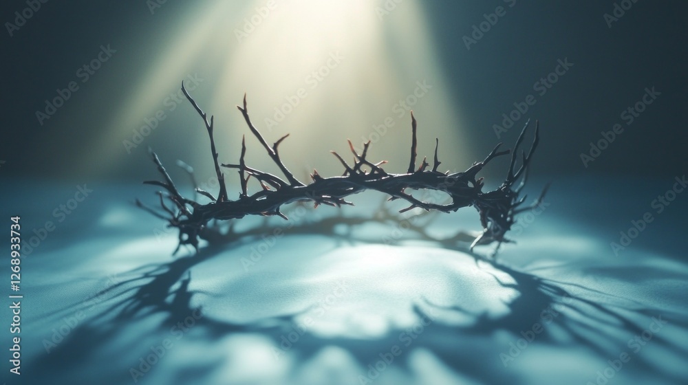 Poster a crown of thorns casts intricate shadows on a surface, illuminated by a soft light that fades into 