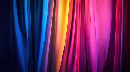 Curtain unveils vibrant hues, abstract backdrop, soft light; a moment of discovery and transformation.
