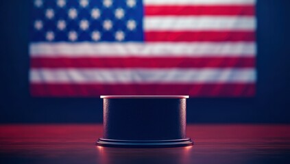 Empty Podium in Front of Blurred American Flag