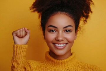 Strong, confident woman with joyful expression waving her hands, set against warm golden background. Radiating positivity, showcasing the energy of women’s power, independence, and progress. Happy Wom
