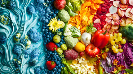 Colorful Arrangement of Fresh Fruits and Vegetables on Vibrant Background