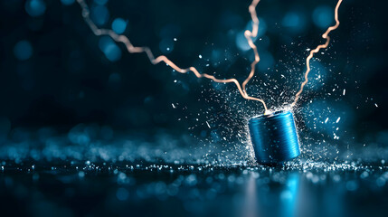 Blue Battery with Electrical Arcs and Sparks on Dark Background