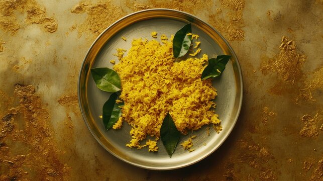 Vibrant Yellow Rice Dish Decorated with Fresh Green Leaves