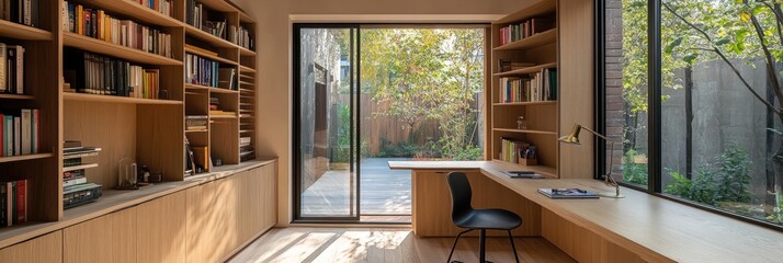 Sunlit Home Office with Built in Bookshelves and Garden View