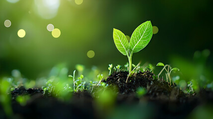 Bright Green Seedling Emerging From Earth on a Sunny Day Symbolizing New Life and Growth in a Lush Background
