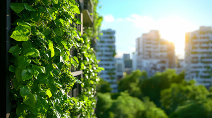 Fototapeta premium Building Facade Covered in Green Vines with Cityscape View Under Bright Sunlight