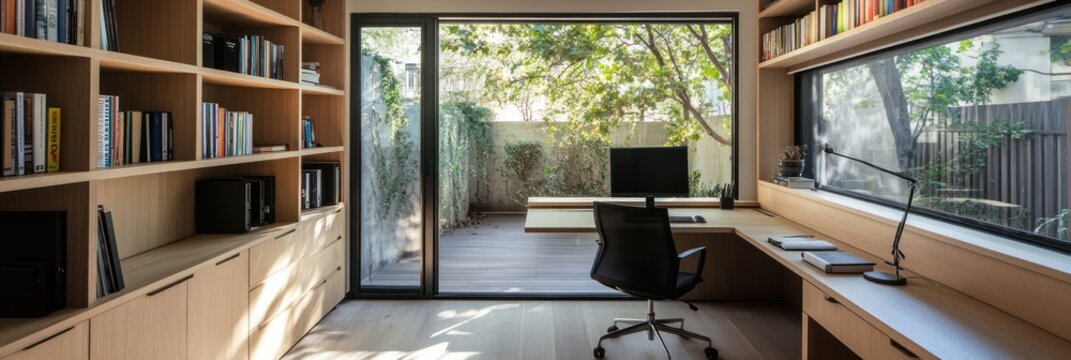 Modern Home Office with Garden View and Built in Bookshelves