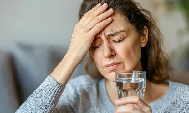 Woman Suffering from Headache Holding Glass of Water