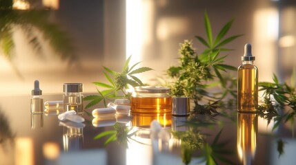 Herbal Oils and Natural Supplements on Reflective Surface
